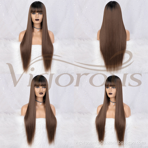 Vigorous Long Ombre Brown Wig Silky Straight Hair Wigs with Bangs Synthetic Hair Full Wigs for Women (Brown Straight with Bangs)